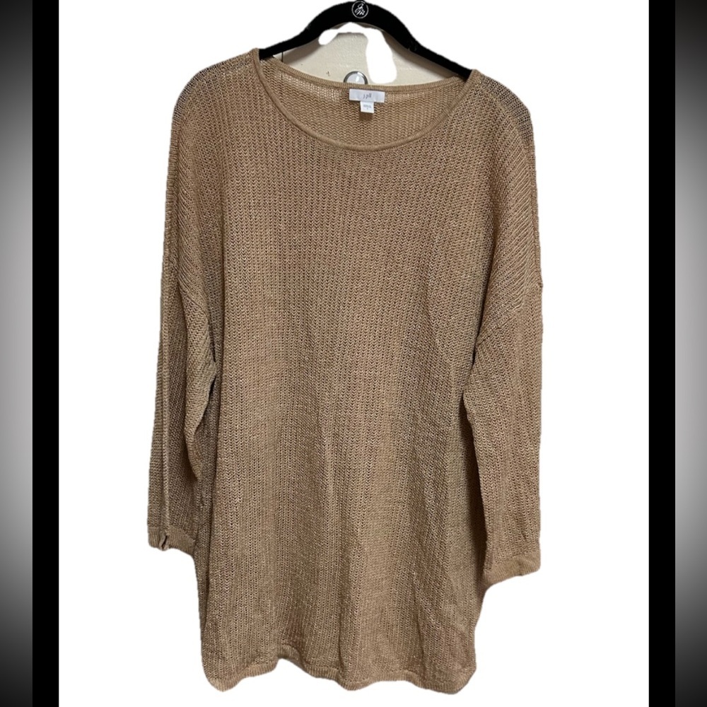J. Jill Sweater Size Large Tan Linen Blend Open Knit 3/4 Length Sleeve Boho